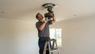 Electrician installing a fan-rated ceiling box and motor in an Escondido, CA home