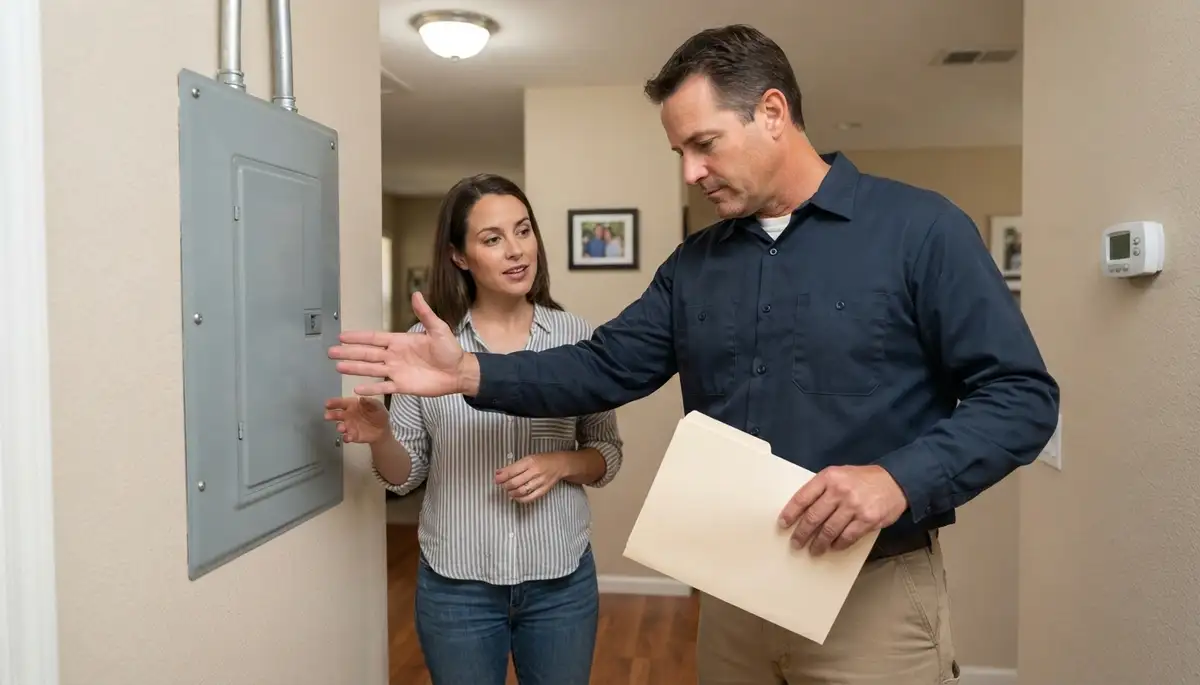 Electrician reviews home energy audit findings at a closed electrical panel in Escondido, CA