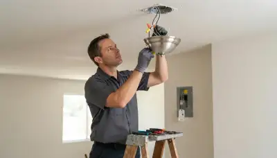 Electrician installing and wiring a ceiling light fixture in an Escondido, CA home