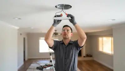 Electrician safely wiring a ceiling light fixture in an Escondido, CA home