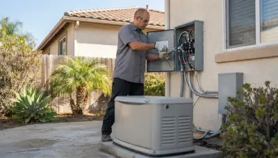 Electrician connects a generator transfer switch beside a running standby generator in Escondido, CA