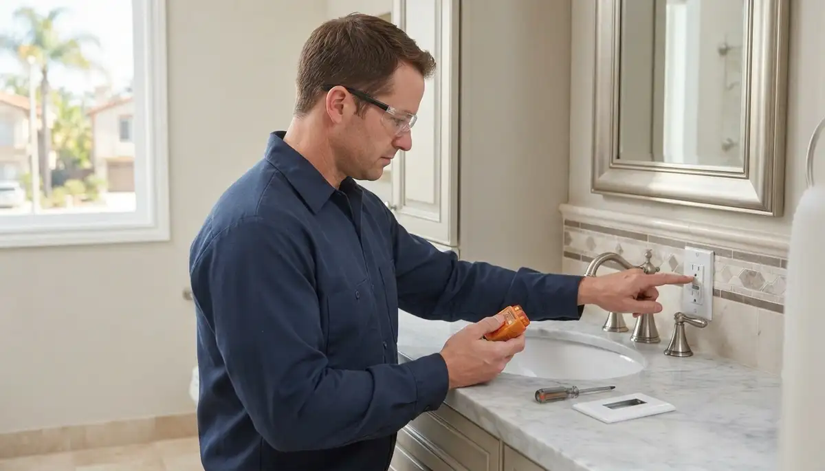 Electrician installs GFCI outlet for wet-area ground-fault protection in Escondido, CA