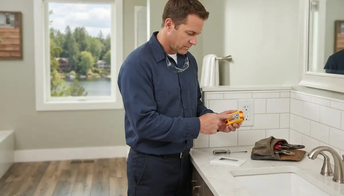 Electrician installing a GFCI outlet for wet-area protection in an Escondido, CA home