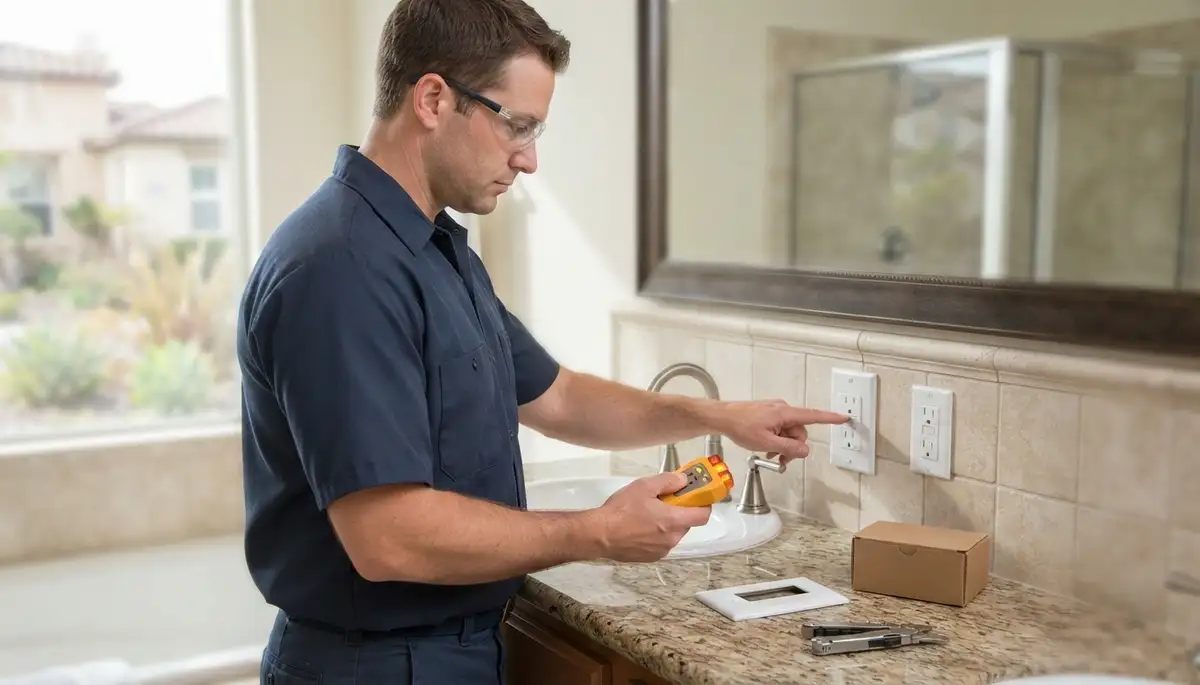 Electrician installing a GFCI outlet for wet-area ground-fault protection in Escondido, CA