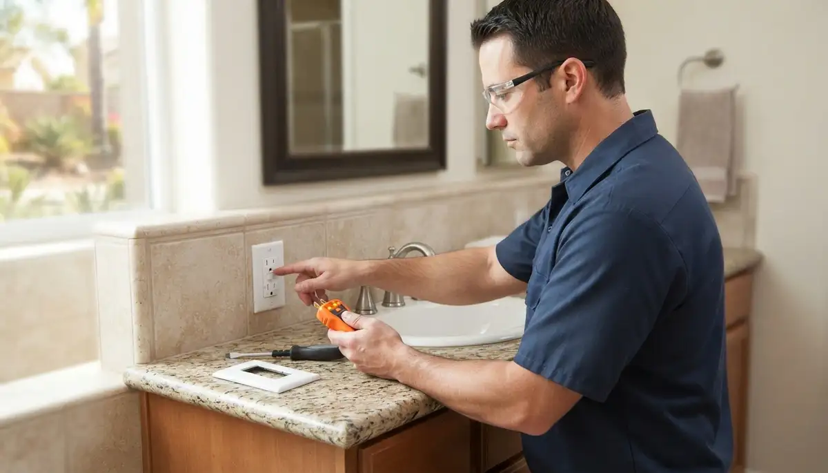 Electrician installing a GFCI outlet for wet-area protection in Escondido, CA