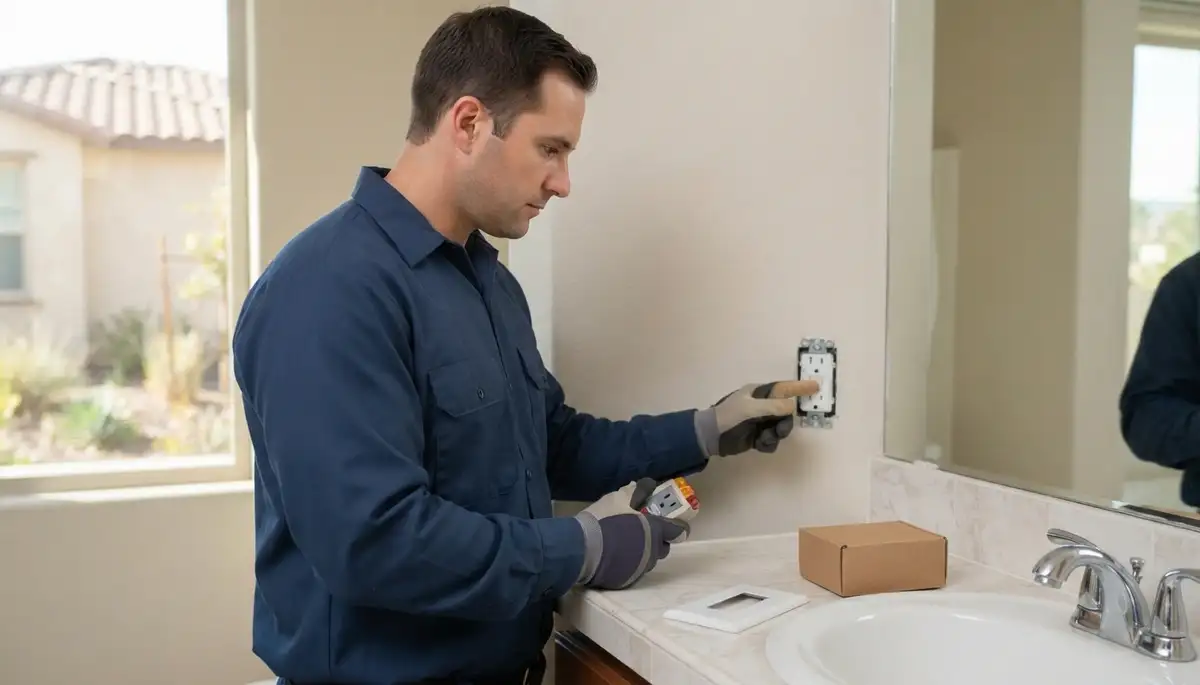 GFCI outlet providing ground-fault protection near a sink in an Escondido, CA bathroom