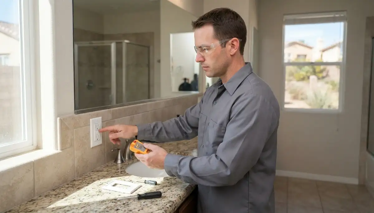 Electrician testing a GFCI outlet beside a sink in a Valley Center, CA home