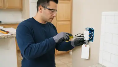 Electrician installing a GFCI receptacle with line and load wiring in an Escondido, CA home