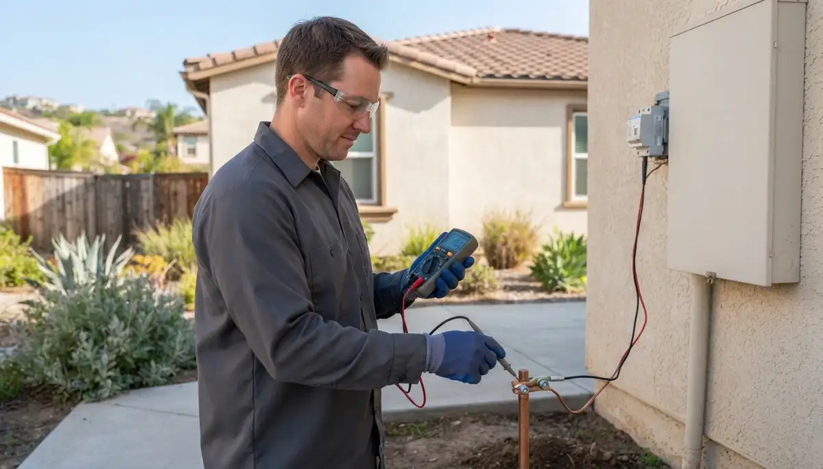 Escondido, CA electrician testing ground path continuity for lightning surge protection with long meter leads