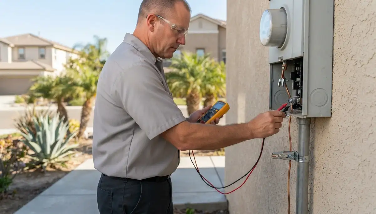 Escondido, CA electrician verifies service voltage and grounding integrity with a multimeter at the grounding connection