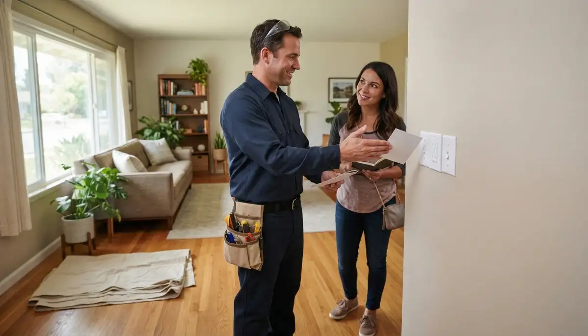 Residential electrician explains a completed electrical installation to a homeowner in Escondido, CA