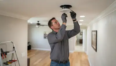 Electrician installing recessed light housing and trim flush with a ceiling in an Escondido, CA home