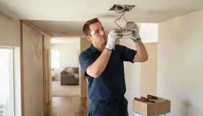 Electrician wiring an interconnected smoke detector on a ceiling in an Escondido, CA home