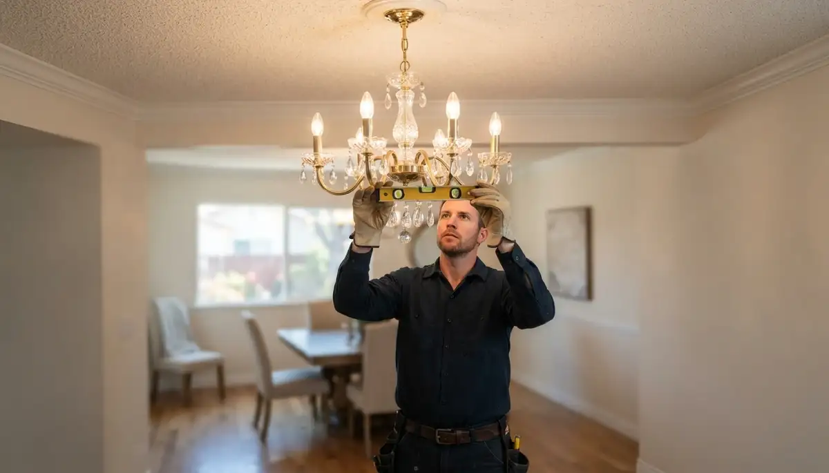 Escondido, CA electrician levels a chandelier and tests its full-range dimmer during installation