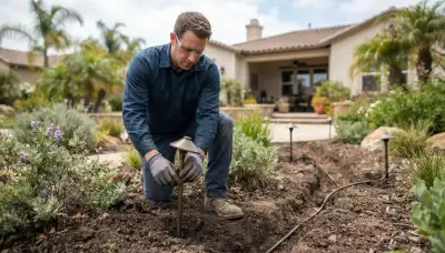 Escondido, CA electrician installing buried low-voltage landscape lighting cable and fixture stakes in a garden bed