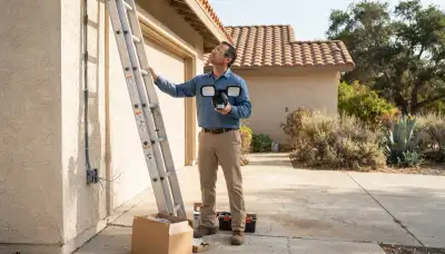 Electrician installs a motion-sensing security light on a garage eave in Escondido, CA