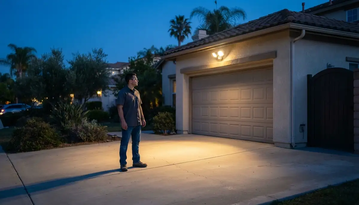 Escondido, CA electrician verifies motion sensor security light coverage across driveway and garage at night