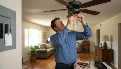 Electrician replacing a ceiling fan capacitor and reconnecting wiring in an Escondido, CA home