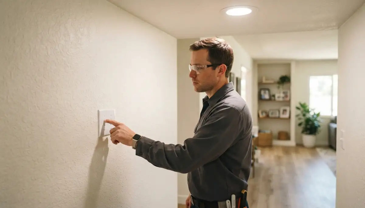 Electrician in Escondido, CA tests a repaired light switch and verifies steady fixture operation