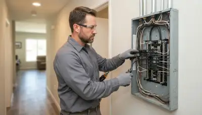 Licensed electrician installing a circuit breaker in a de-energized electrical panel in Escondido, CA