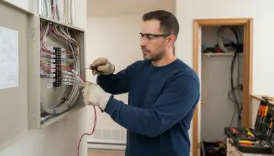 Technician wiring fire alarm zones to a control panel in an Escondido, CA home