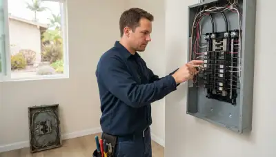 Electrician upgrading an electrical panel in an older Escondido, CA home