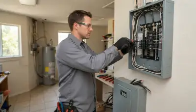 Electrician upgrading an electrical panel in an older Escondido, CA home