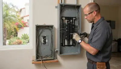 Electrician upgrading a 100-amp electrical panel in an older Escondido, CA home