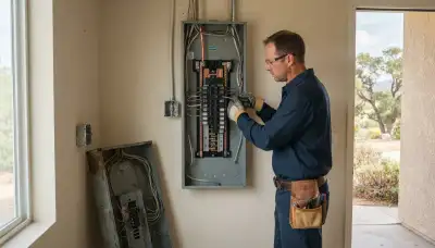 Electrician upgrading an older home's electrical panel in Pauma Valley, CA
