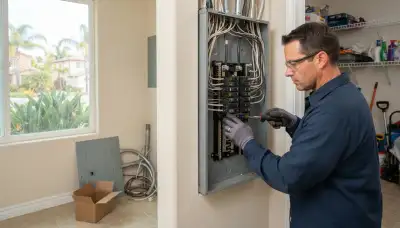 Electrician upgrading an older home's electrical panel from 100 to 200 amps in Escondido, CA