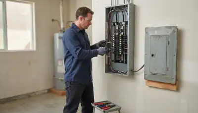 Electrician upgrading an electrical panel in an older Escondido, CA home