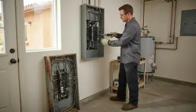 Electrician upgrading an older home's electrical panel to 200-amp service in Santa Ysabel, CA