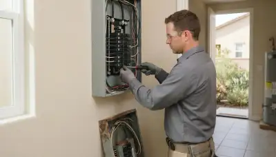 Electrician upgrading an older home's electrical panel from 100 to 200 amps in Escondido, CA