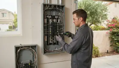 Electrician upgrading an older home's electrical panel in Solana Beach, CA