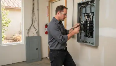 Electrician upgrading an older home's electrical panel in Valley Center, CA