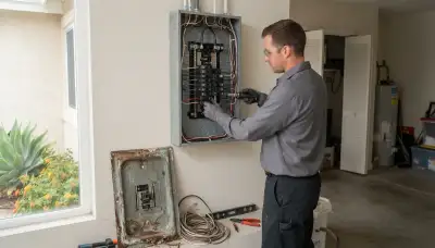 Electrician upgrading an electrical panel in an older Escondido, CA home