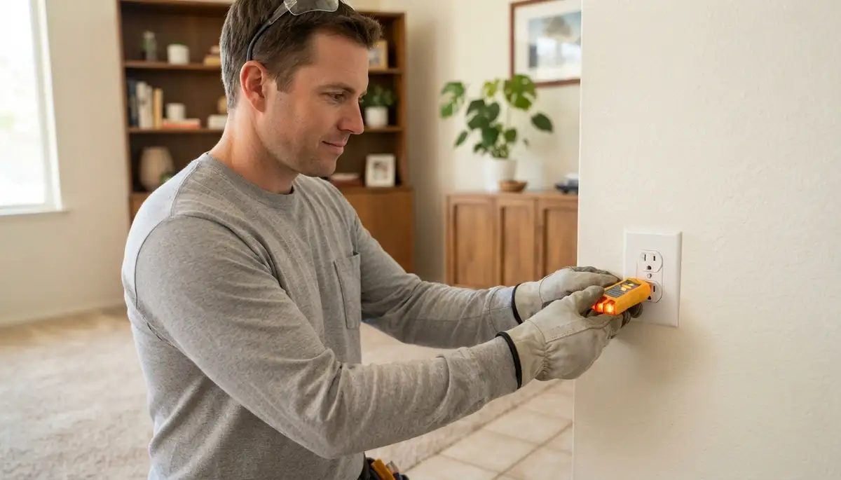 Electrician testing outlet polarity and grounding after repair in an Escondido, CA home
