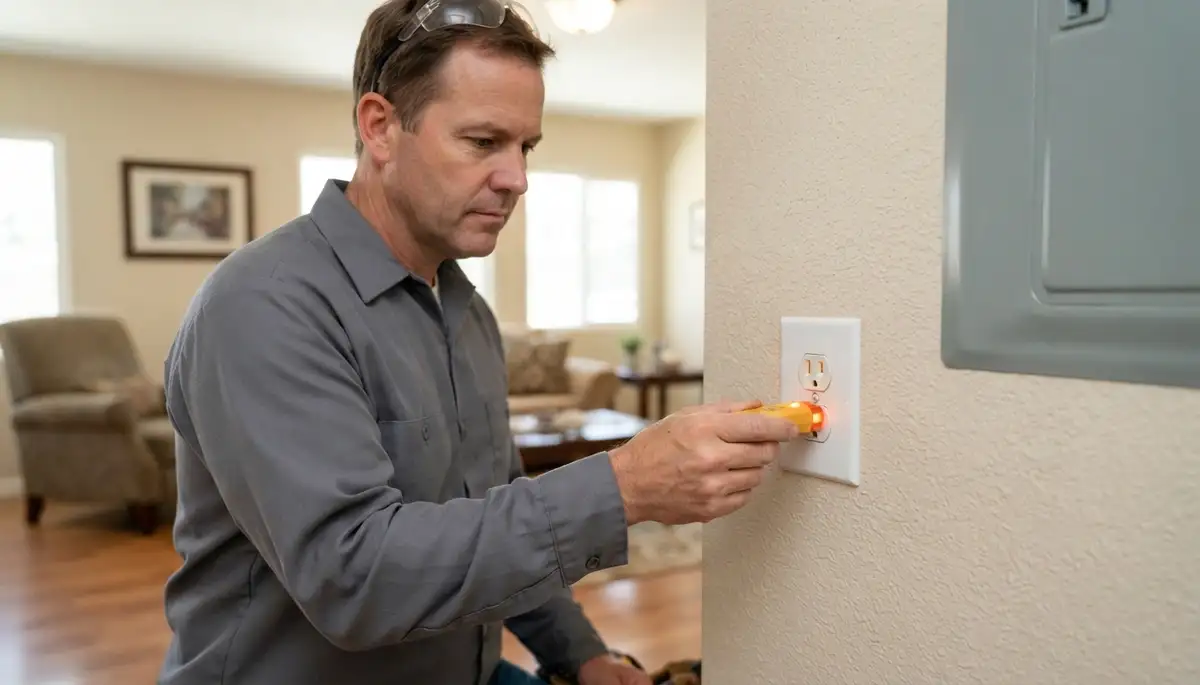 Escondido, CA electrician tests a repaired receptacle with a voltage tester after electrical repair