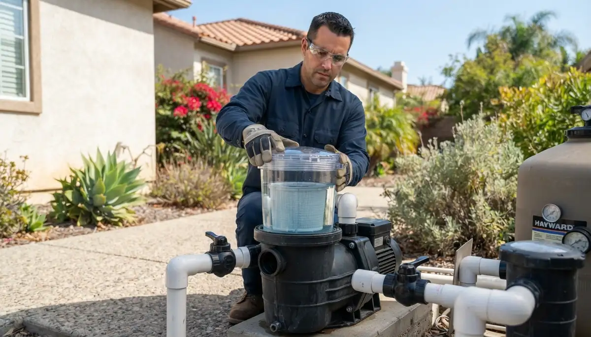 Technician closes a primed pool pump strainer lid during flow verification in Escondido, CA