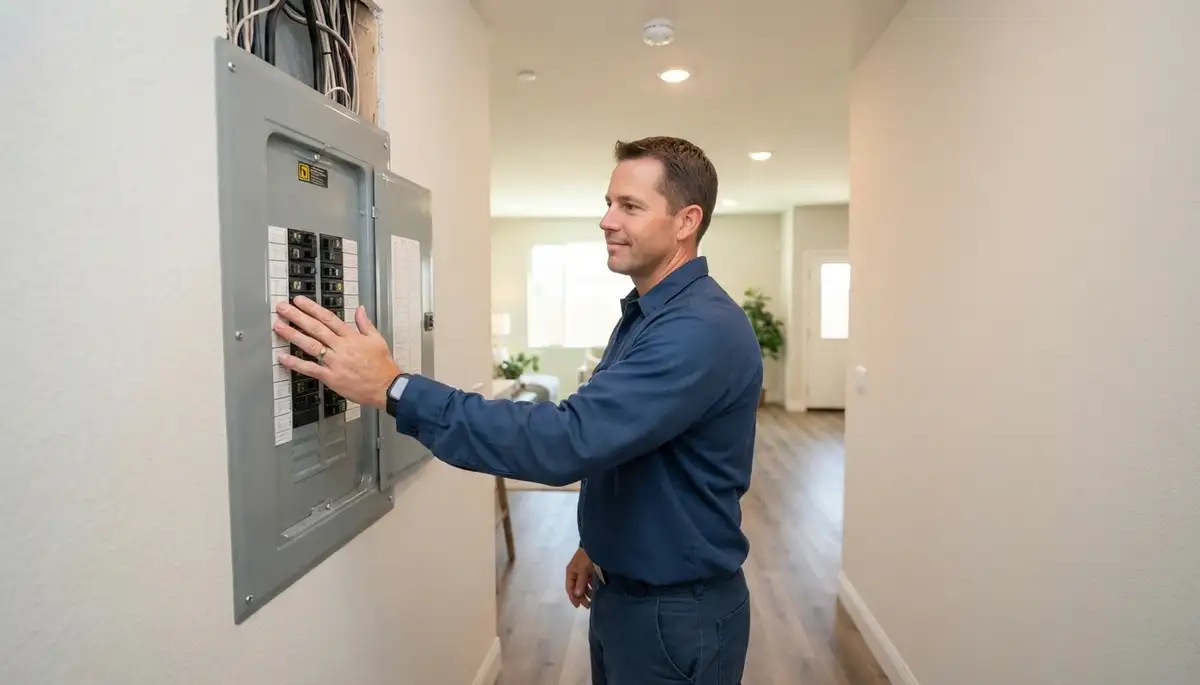 Escondido, CA electrician verifies a completed electrical panel during a final installation walkthrough