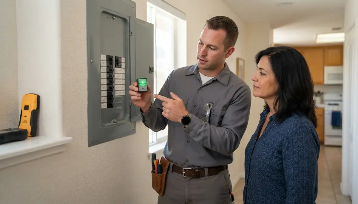 Escondido, CA electrician points to active whole-home surge protection on a home's electrical panel