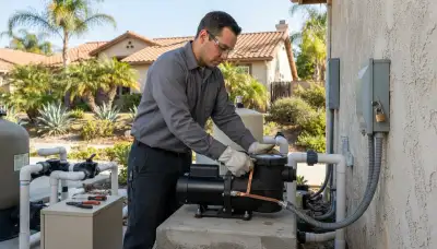 Electrician installs and bonds a pool pump at a residential equipment pad in Escondido, CA