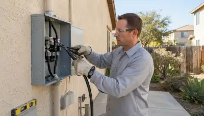 Escondido electrician installing heavy service conductors in a weather-sealed meter base at a home in Escondido, CA