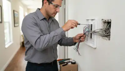 Electrician terminating intercom station wires during installation in an Escondido, CA home