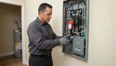 Electrician installs a whole-home surge protector at a residential electrical panel in Escondido, CA