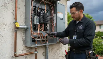 Electrician installs surge protection and bonding jumpers at an Escondido, CA service panel