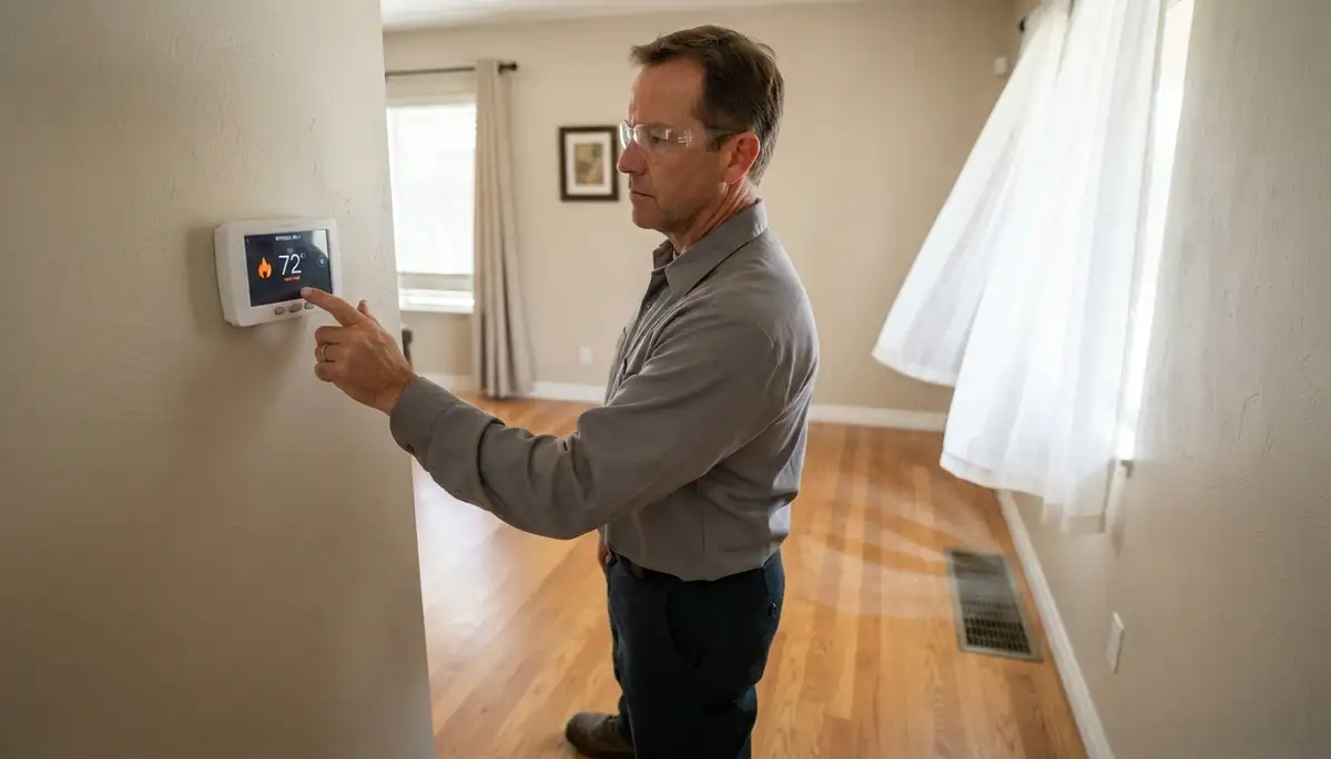 Electrician testing a newly installed thermostat’s heating and cooling cycles in Escondido, CA