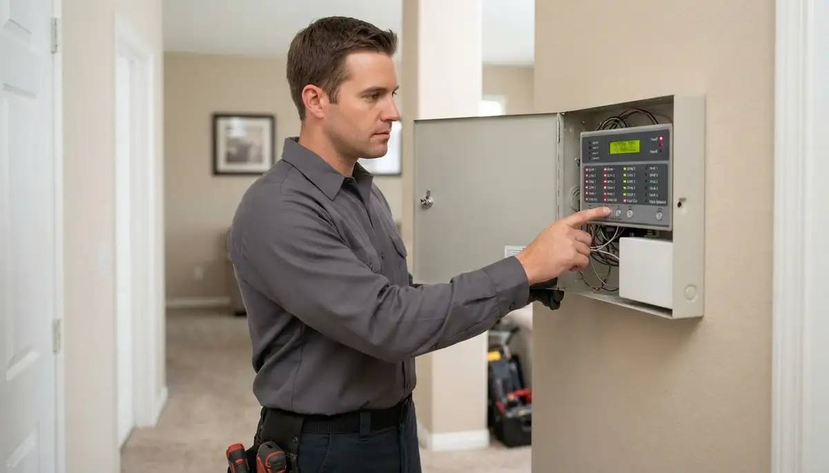 Electrician testing fire alarm control panel zones in an Escondido, CA home