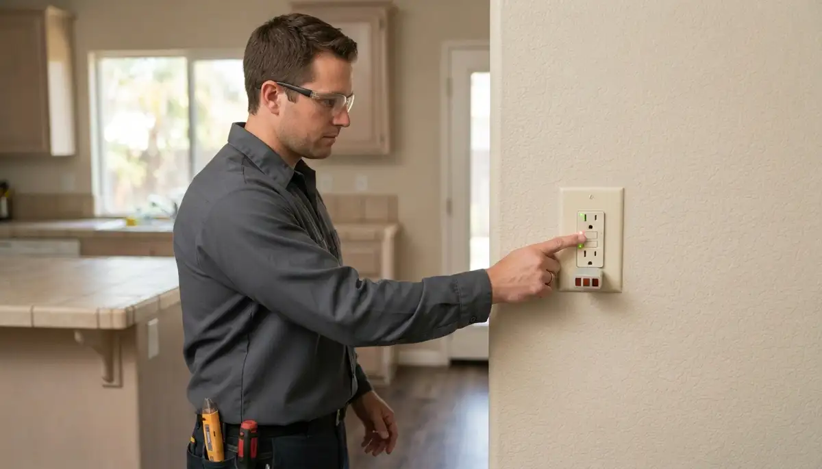 Electrician tests a newly installed GFCI outlet in an Escondido, CA home