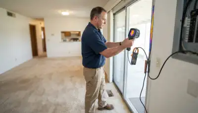 Escondido, CA electrician scans a window with a thermal camera while measuring electrical loads during a home energy ...